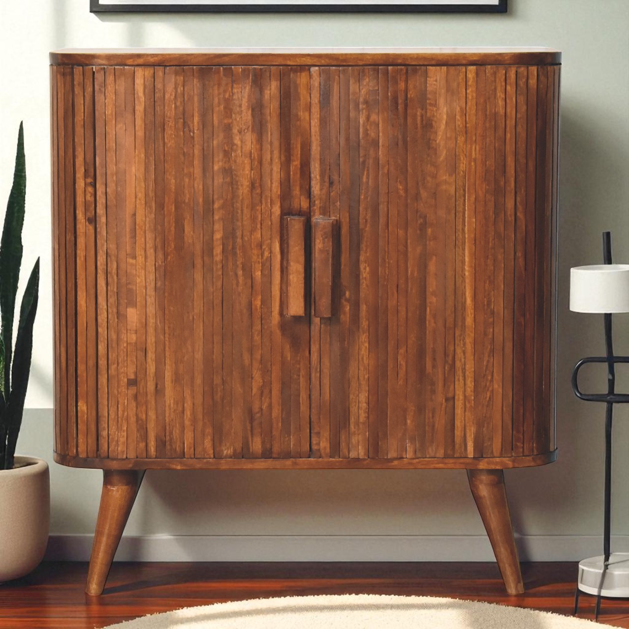 Solid Mango Wood Chestnut Finished Striped 2 Door Cabinet