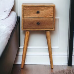 Solid Mango Wood Oak Finished Mini 2 Drawer Bedside