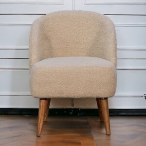 Solid Mango Wood Oak Finished Cream Boucle Upholstered Tub Chair