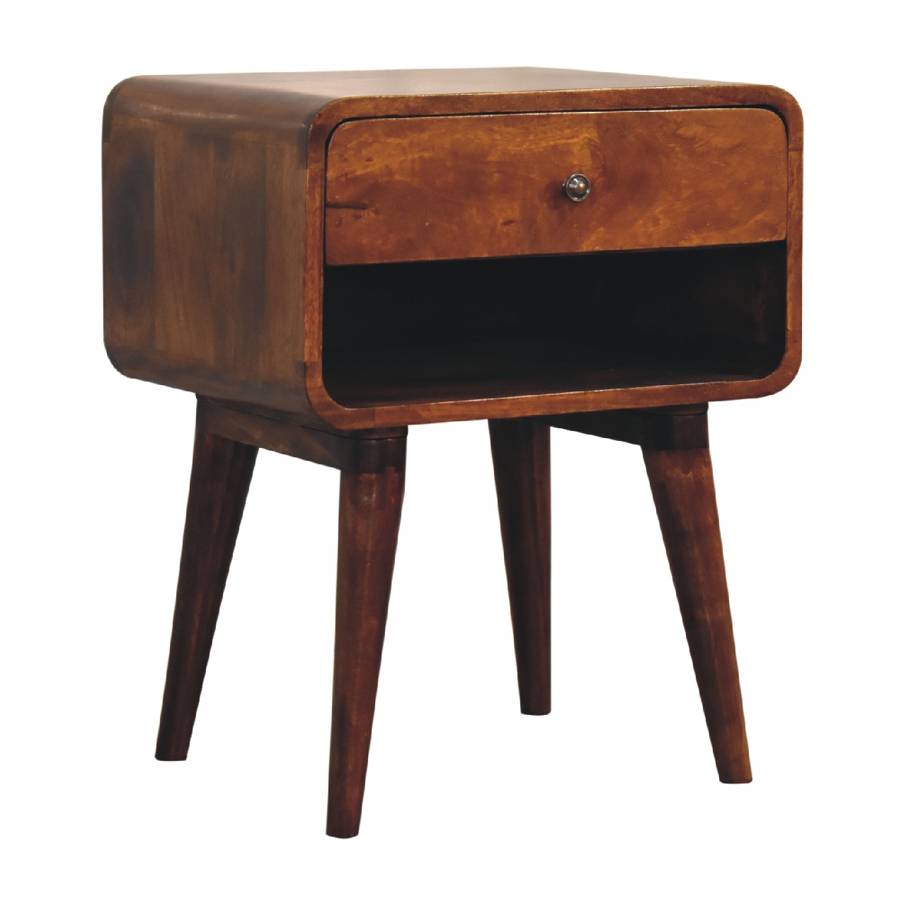 Solid Mango Wood Chestnut Finished Curve 1 Drawer Open Slot Bedside - Image 2