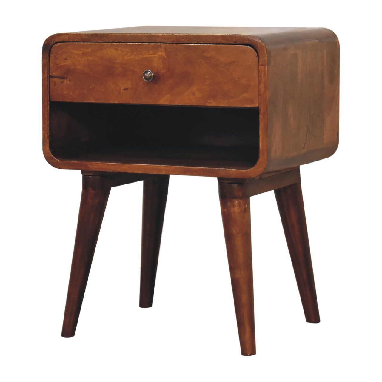 Solid Mango Wood Chestnut Finished Curve 1 Drawer Open Slot Bedside - Image 3