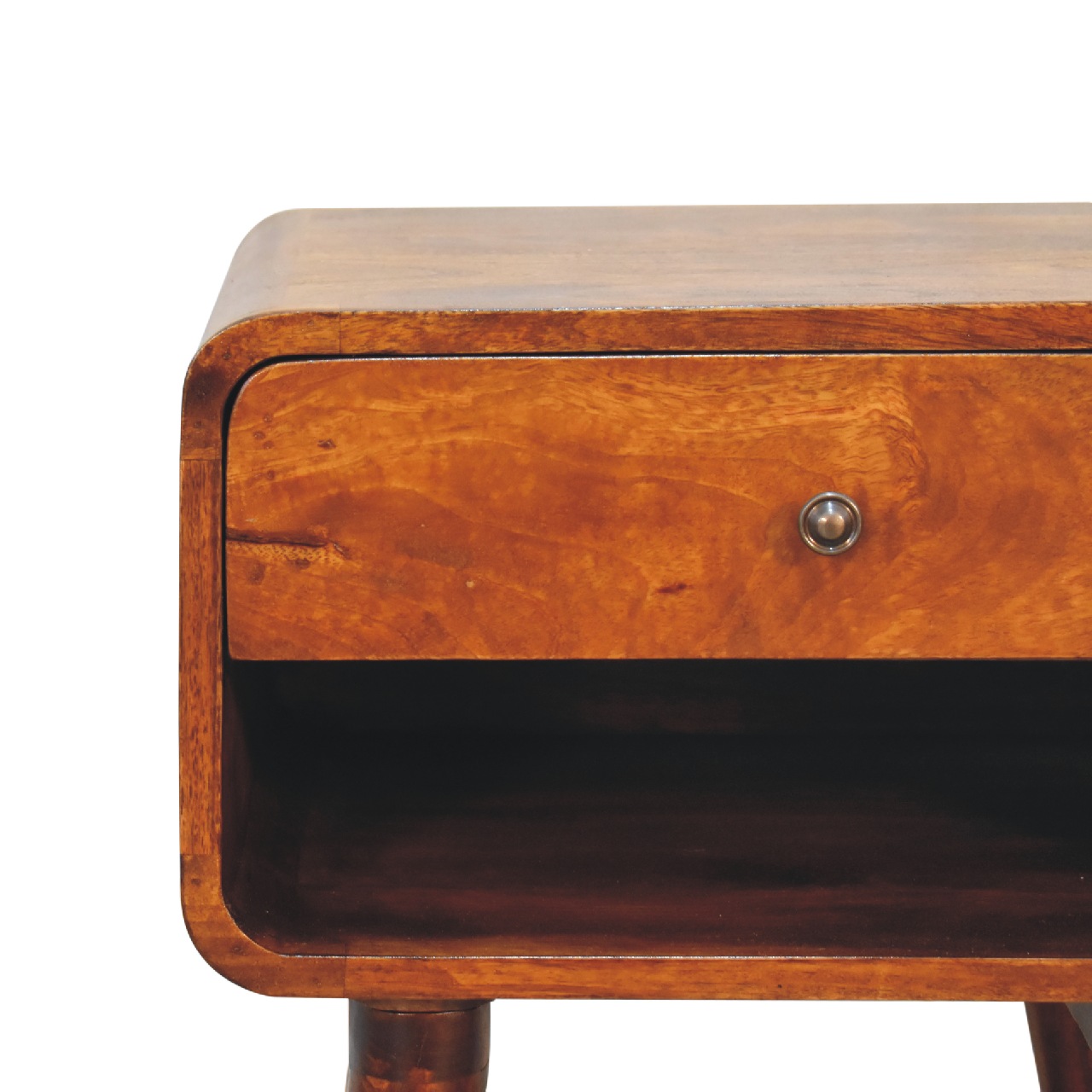 Solid Mango Wood Chestnut Finished Curve 1 Drawer Open Slot Bedside - Image 4