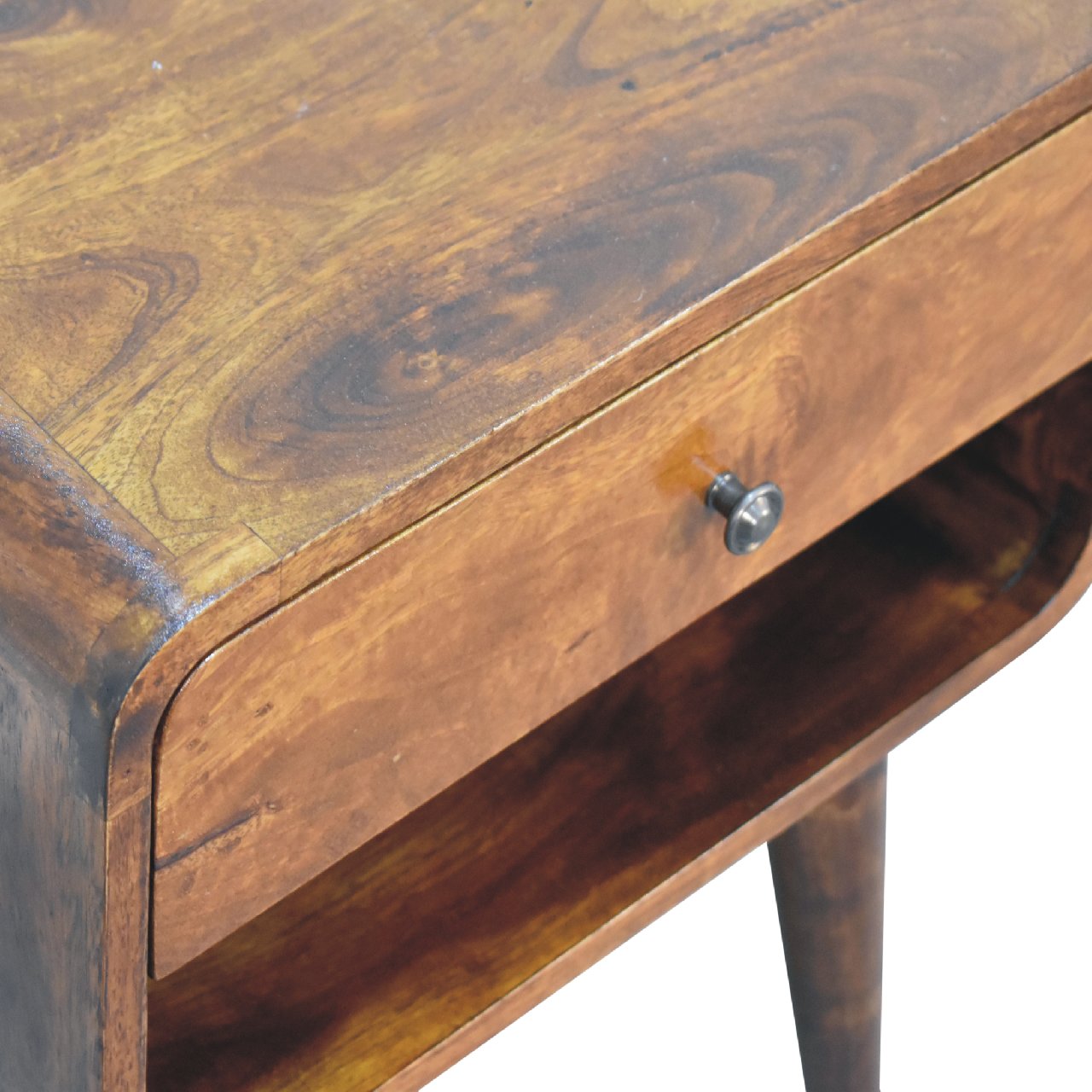 Solid Mango Wood Chestnut Finished Curve 1 Drawer Open Slot Bedside - Image 5