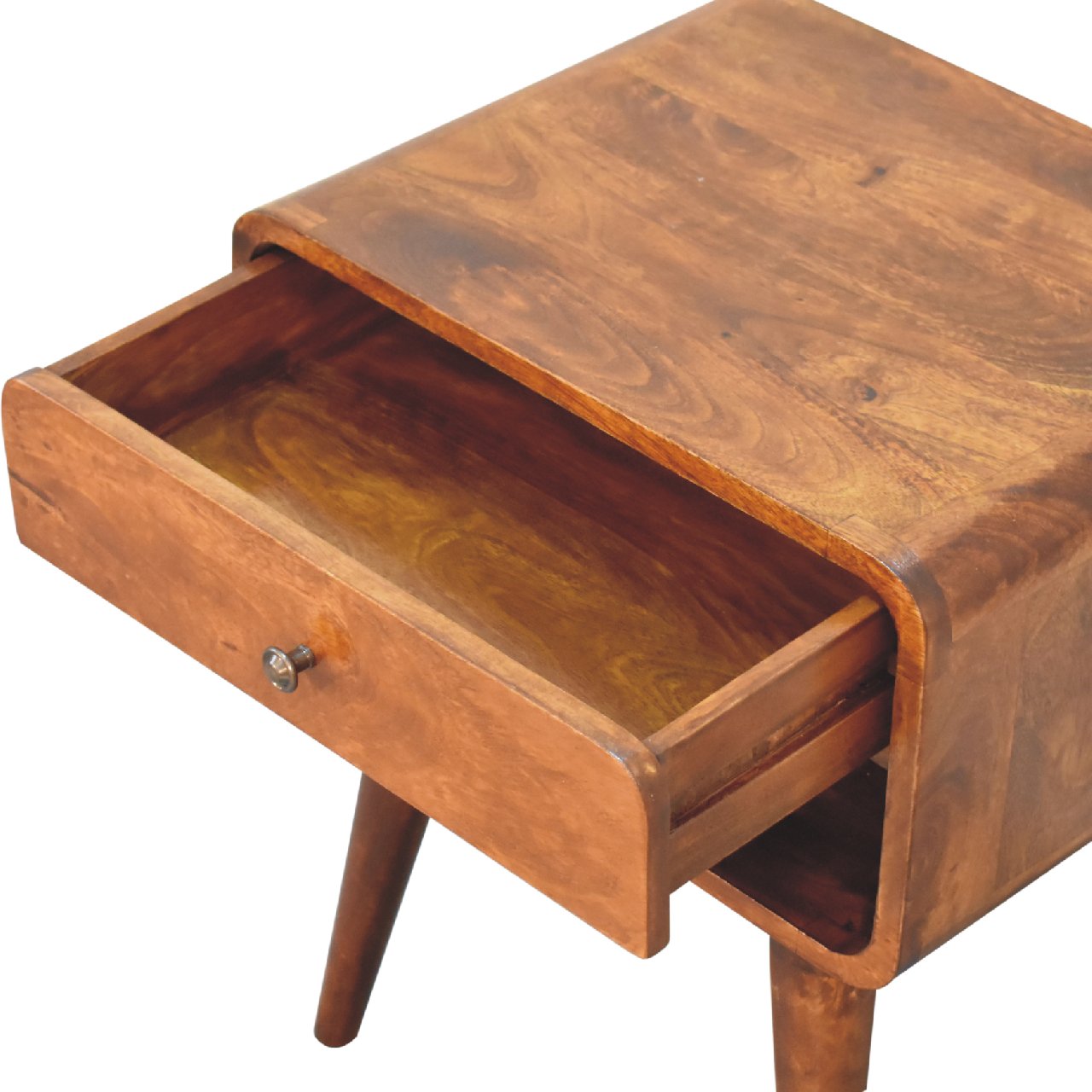 Solid Mango Wood Chestnut Finished Curve 1 Drawer Open Slot Bedside - Image 6