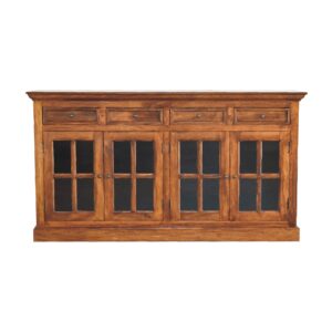 Solid Mango Wood Chestnut Finished 4 Drawer 4 Glass Doors Large Sideboard