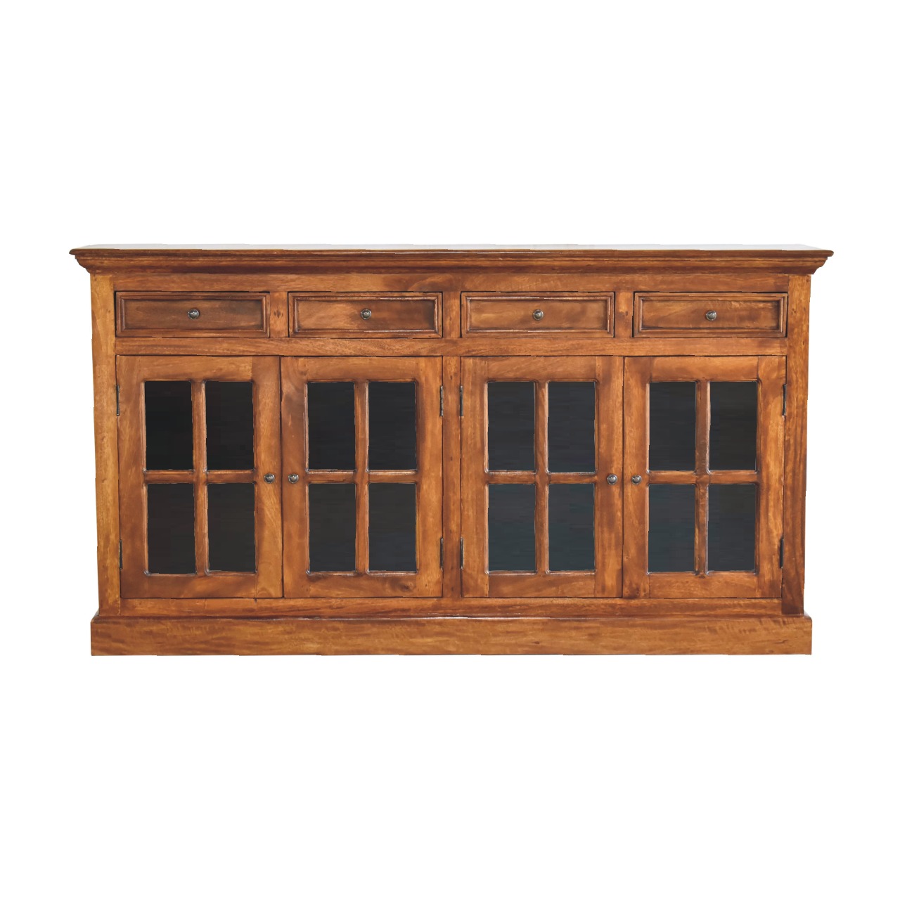 Solid Mango Wood Chestnut Finished 4 Drawer 4 Glass Doors Large Sideboard