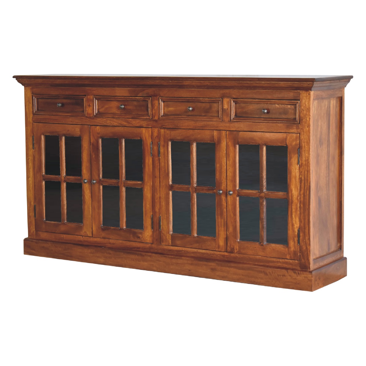 Solid Mango Wood Chestnut Finished 4 Drawer 4 Glass Doors Large Sideboard - Image 2