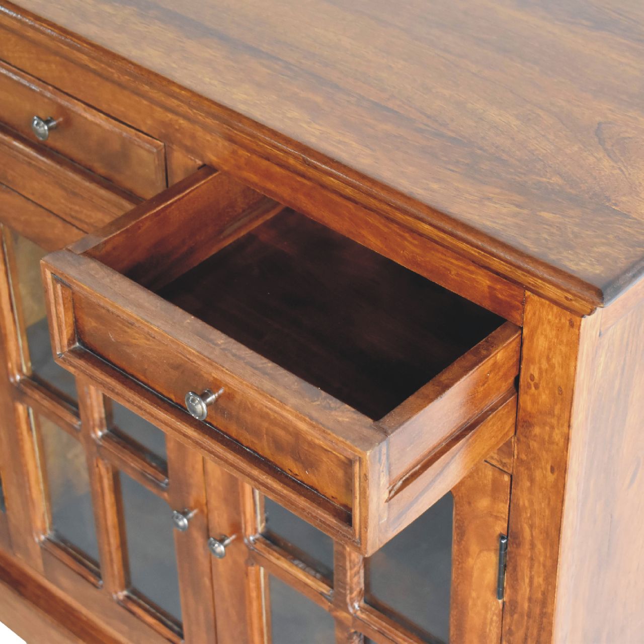 Solid Mango Wood Chestnut Finished 4 Drawer 4 Glass Doors Large Sideboard - Image 6