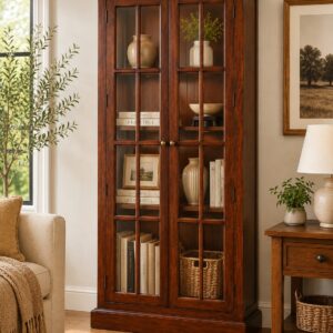 Solid Mango Wood Solid Cherry Finished Glass Doors Cabinet/Cupboard
