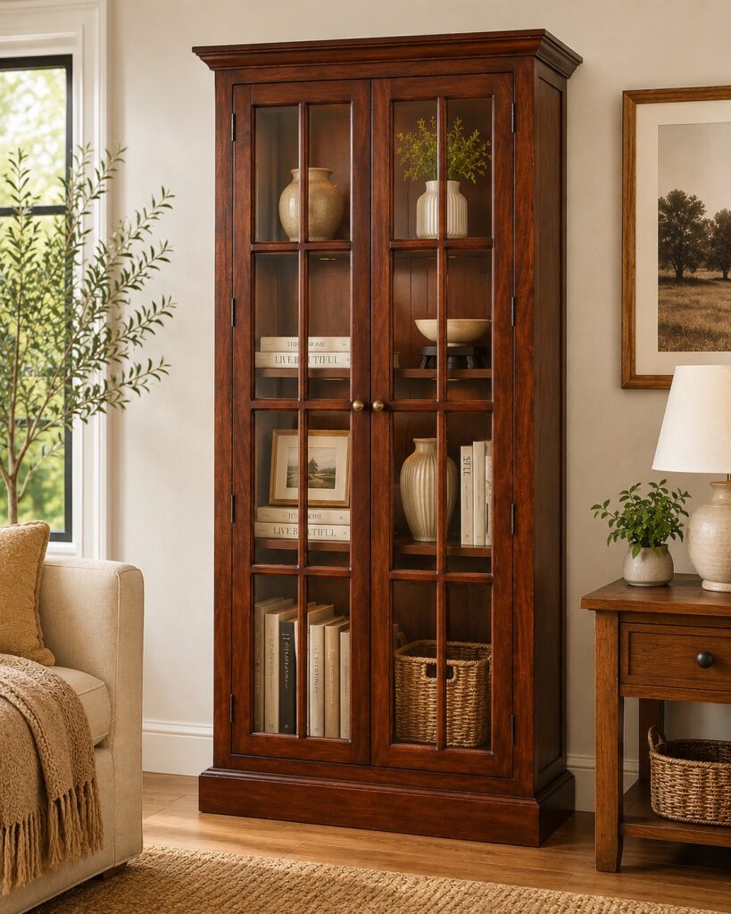 Solid Mango Wood Solid Cherry Finished Glass Doors Cabinet/Cupboard