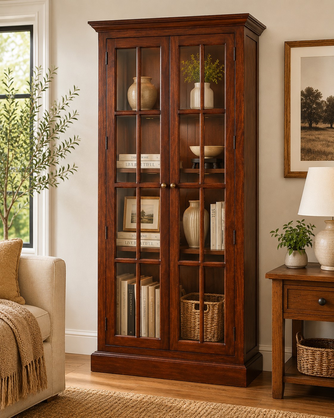 Solid Mango Wood Solid Cherry Finished Glass Doors Cabinet/Cupboard