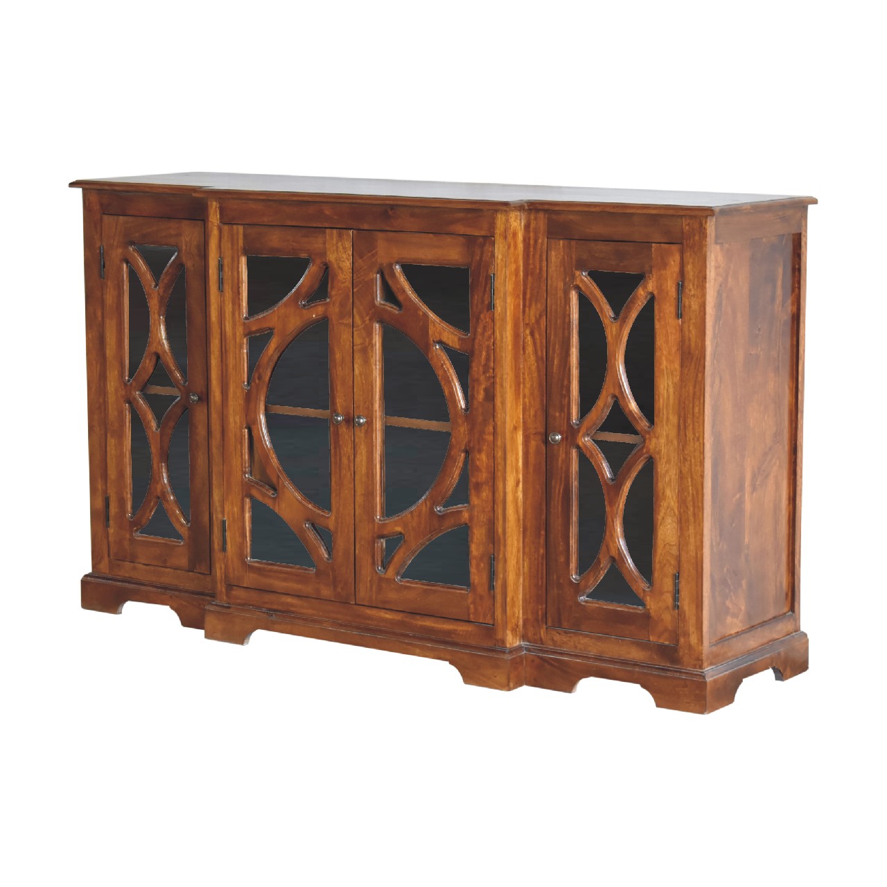 Solid Mango Wood Chestnut Finished 4 Glass Doors 4 Drawers Carved Sideboard - Image 2