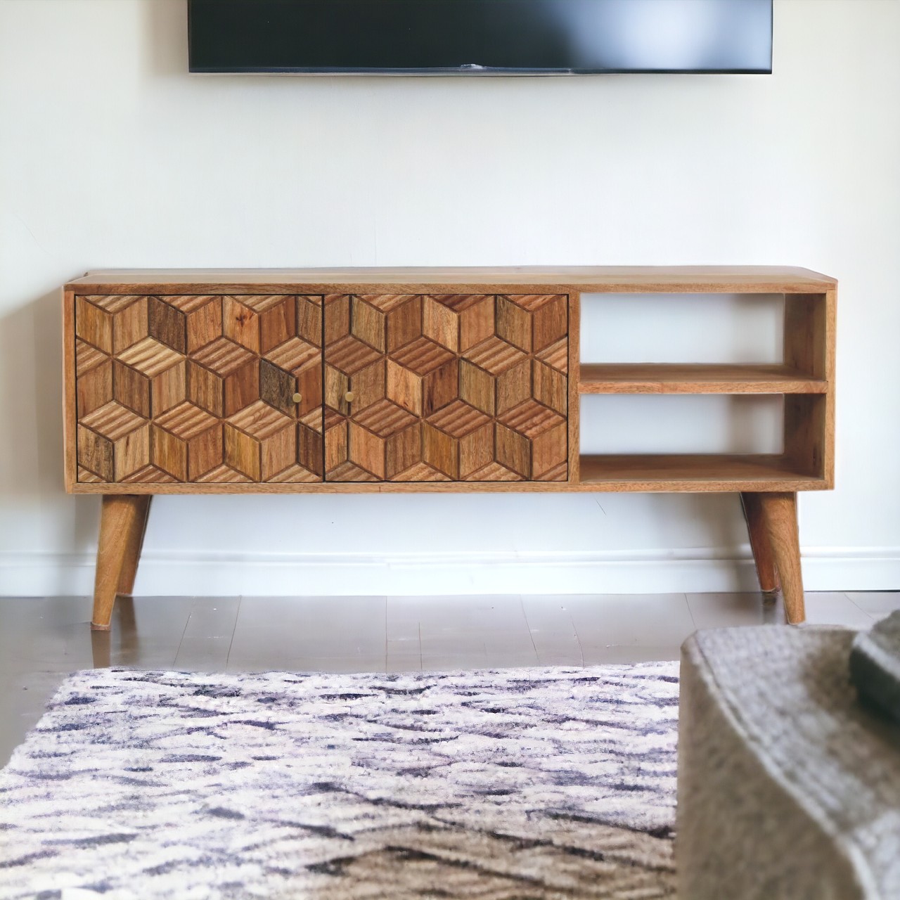 Solid Mango Wood Oak Finished 2 Door 2 Slot Cubana Media Unit