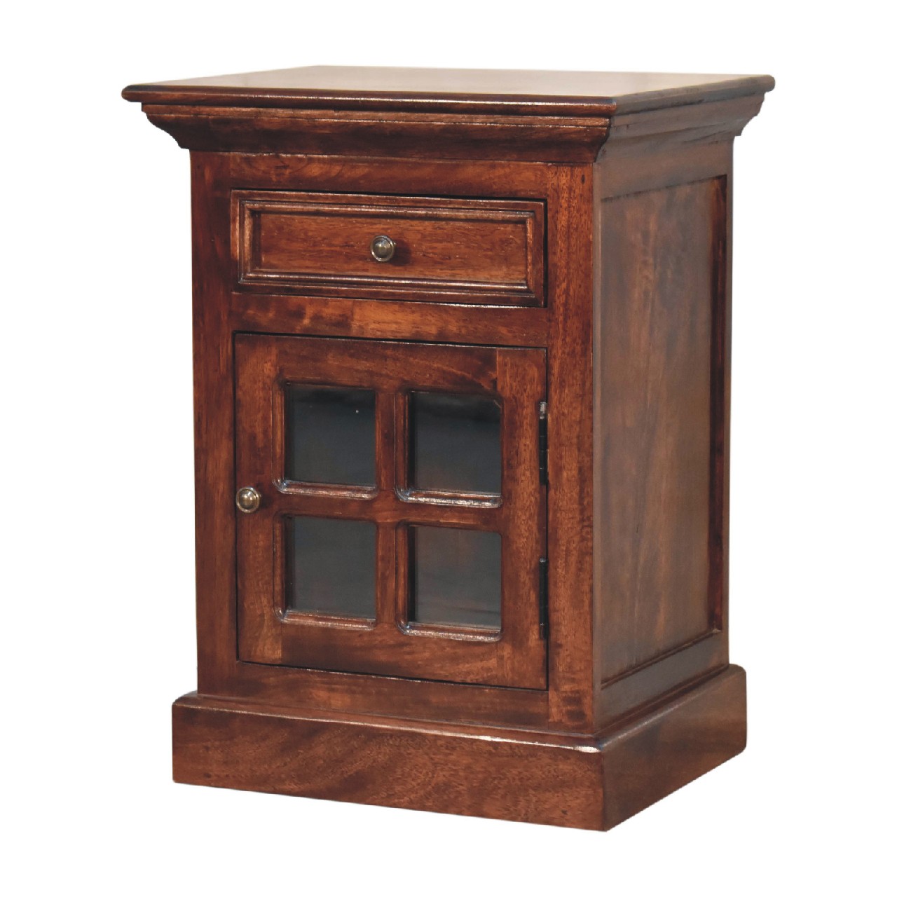Solid Mango Wood Cherry Finished 1 Drawer 1 Glass Door Bedside - Image 2
