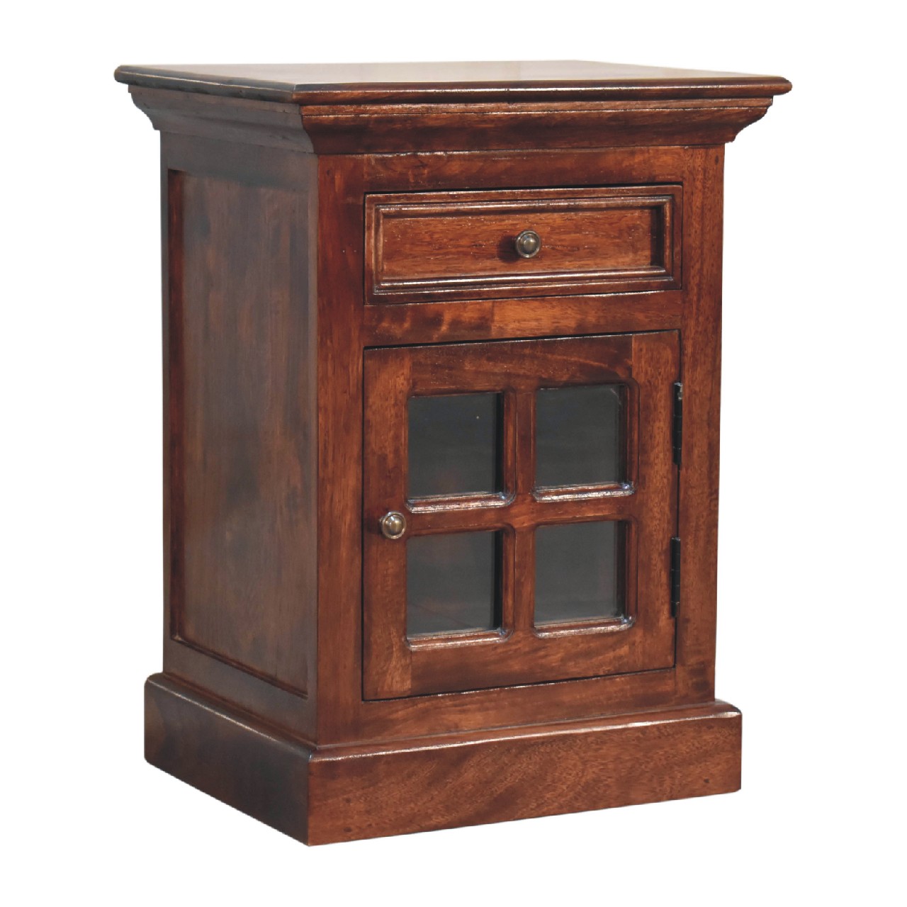 Solid Mango Wood Cherry Finished 1 Drawer 1 Glass Door Bedside - Image 3