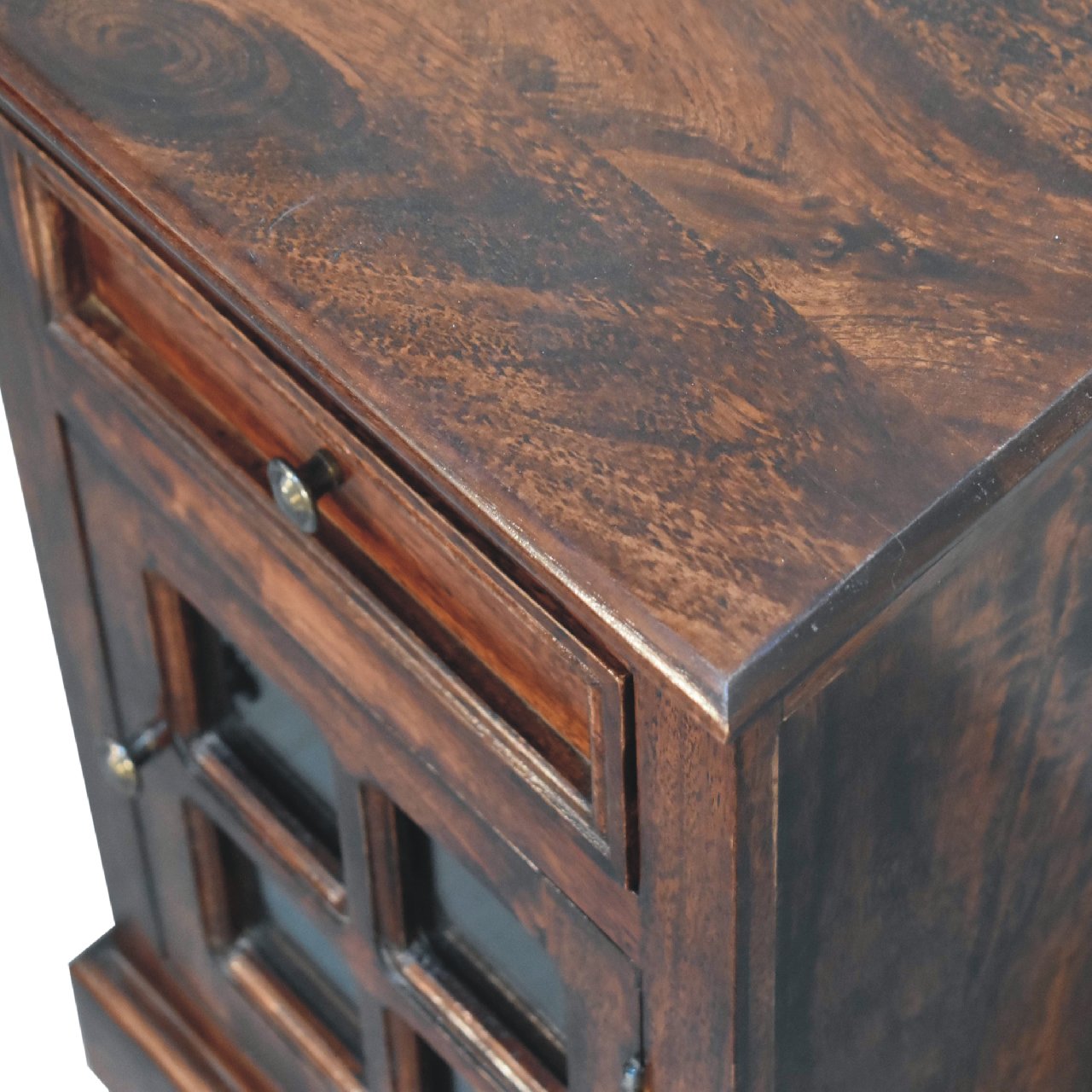 Solid Mango Wood Cherry Finished 1 Drawer 1 Glass Door Bedside - Image 5