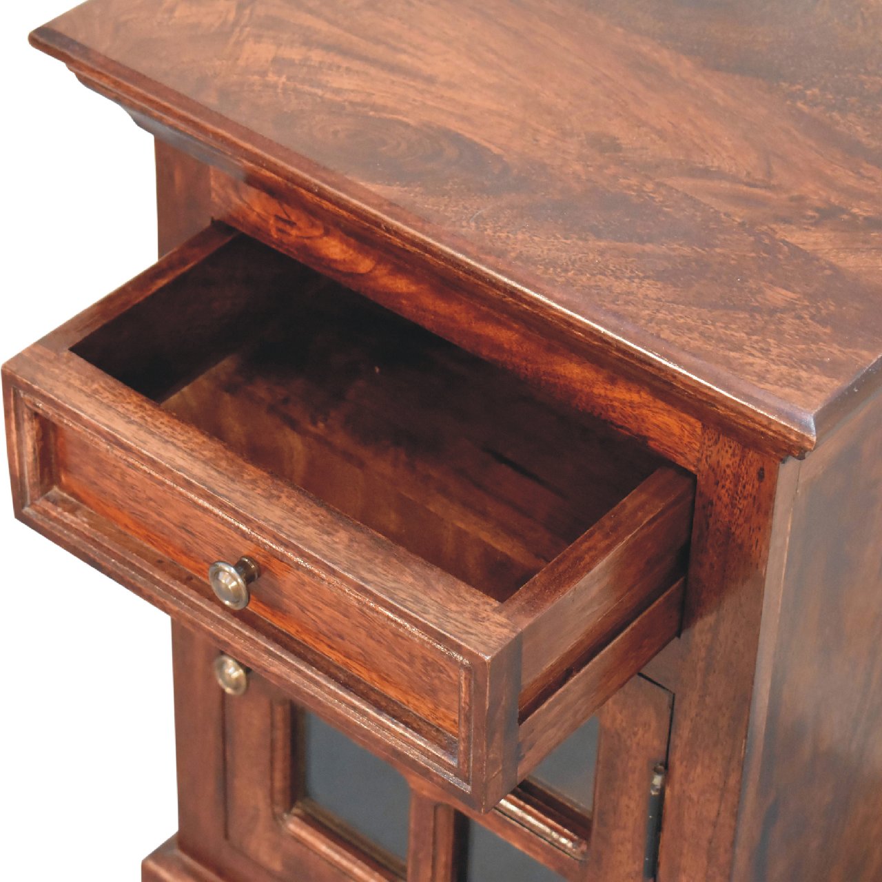 Solid Mango Wood Cherry Finished 1 Drawer 1 Glass Door Bedside - Image 6