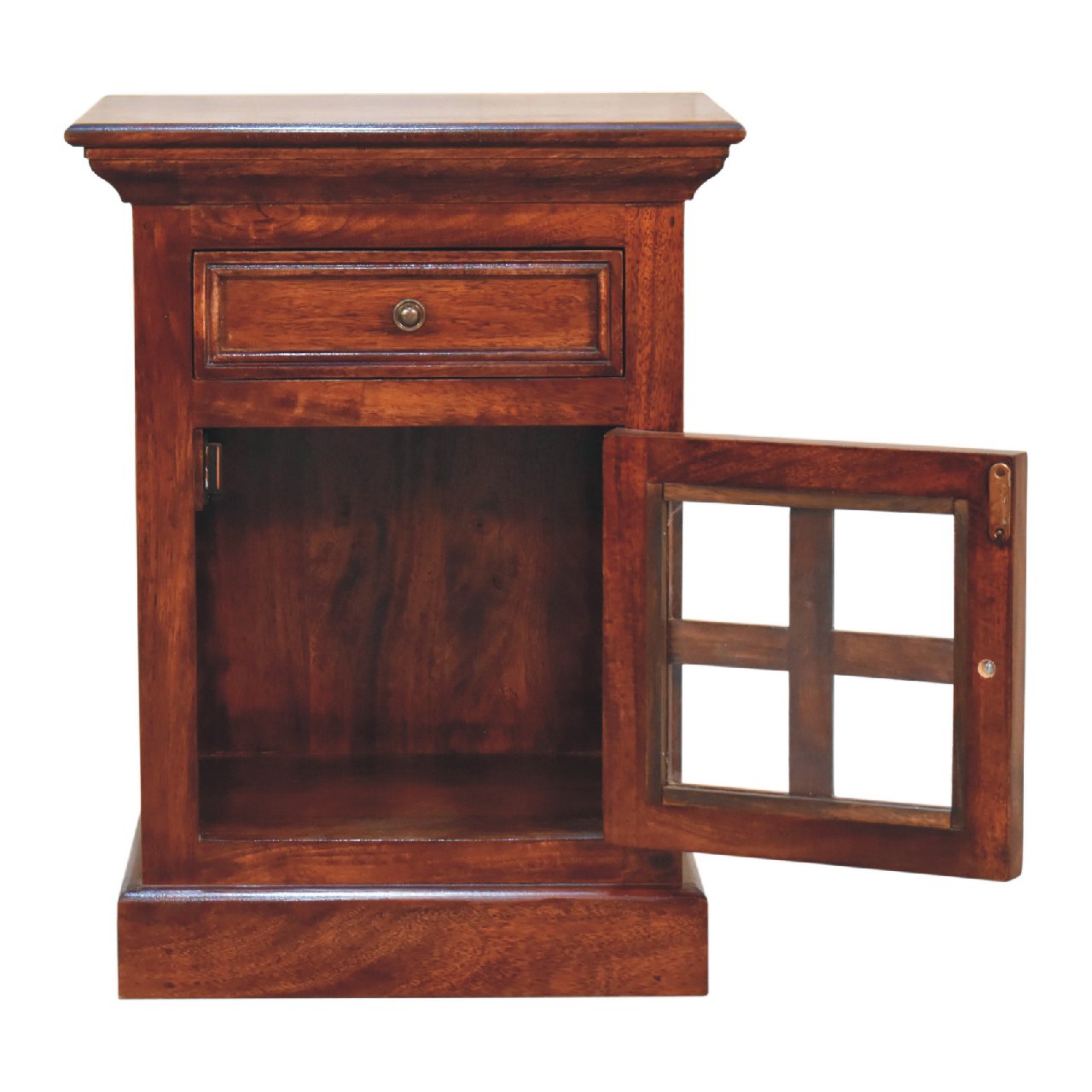 Solid Mango Wood Cherry Finished 1 Drawer 1 Glass Door Bedside - Image 8