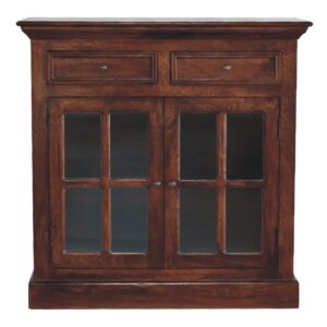 Solid Mango Wood Cherry Finished 2 Glass Doors 2 Drawers Cabinet