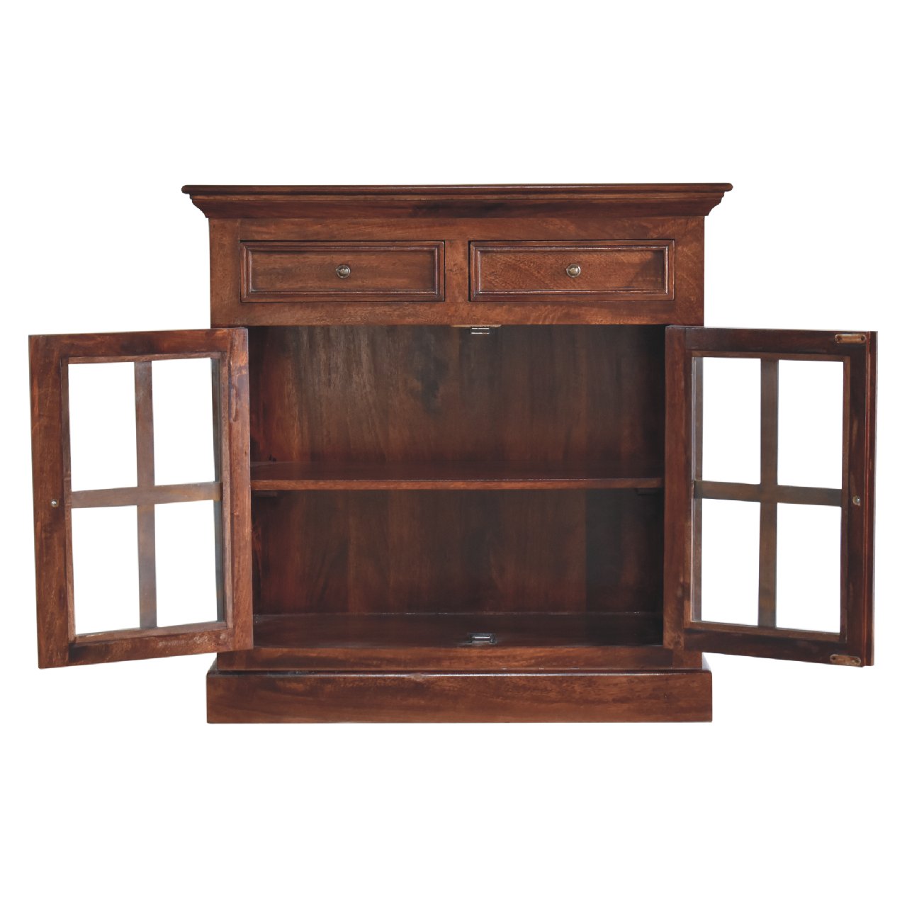Solid Mango Wood Cherry Finished 2 Glass Doors 2 Drawers Cabinet - Image 8