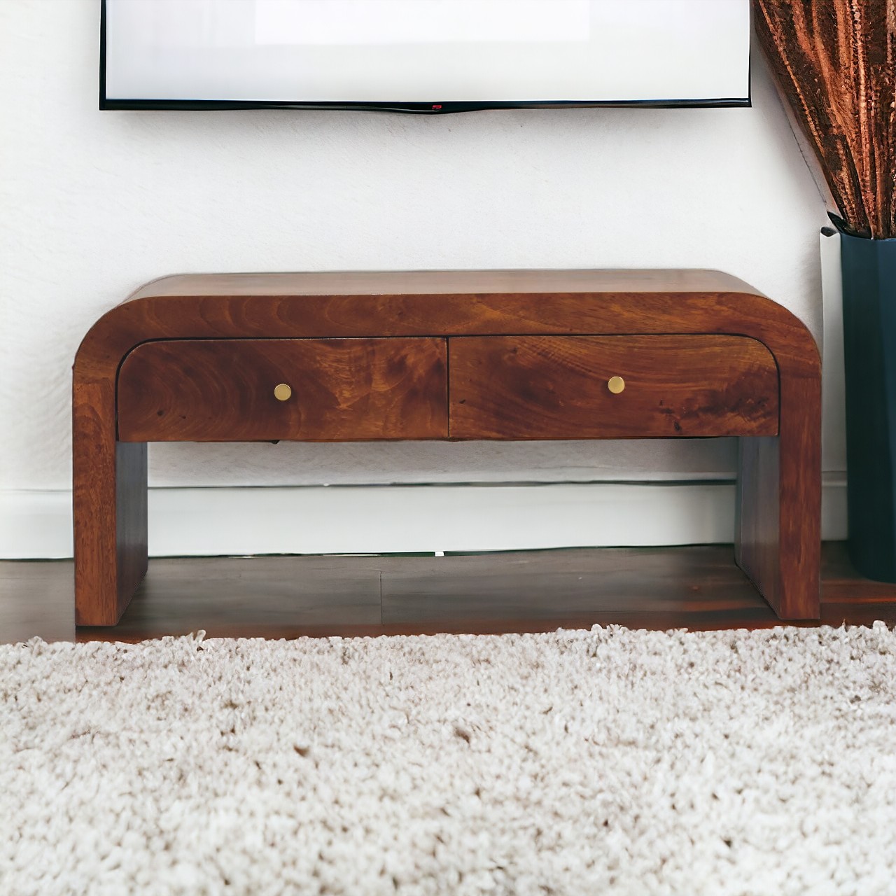 Solid Mango Wood Chestnut Finished 2 Drawer Darcy Media Unit