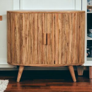 Solid Mango Wood Oak Finished 2 Striped Door Cabinet with Storage