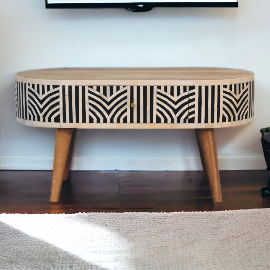 Solid Mango Wood Oak Finished Bone Inlay 2 Drawer Edessa Coffee Table