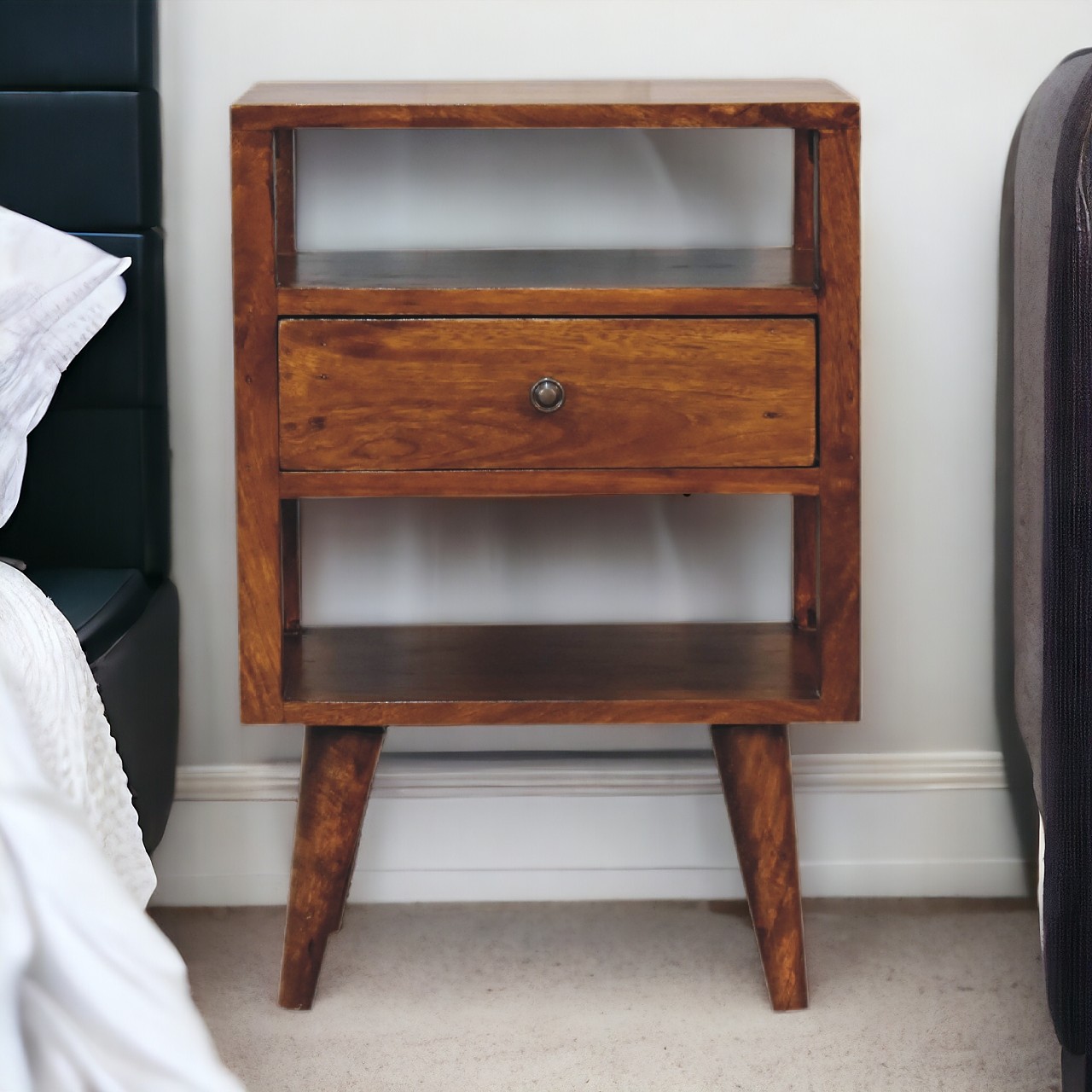 Solid Mango Chestnut Finished Wood 1 Drawer 2 Slots Dante Bedside Table/Cabinet
