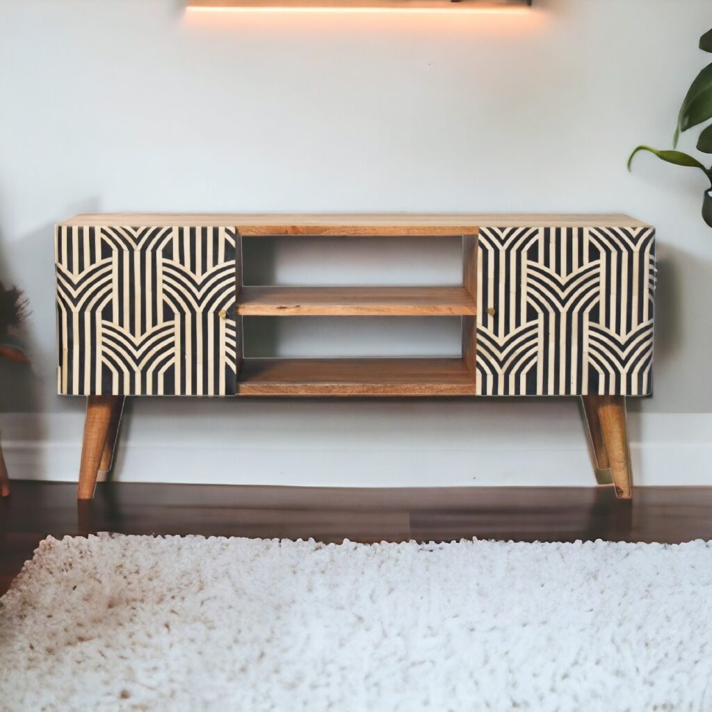 Solid Mango Wood Oak Finished Bone Inlay 2 Door 2 Slot Edessa Media Unit