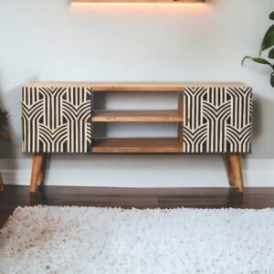 Solid Mango Wood  Oak Finished Bone Inlay 2 Door 2 Slot Edessa Media Unit