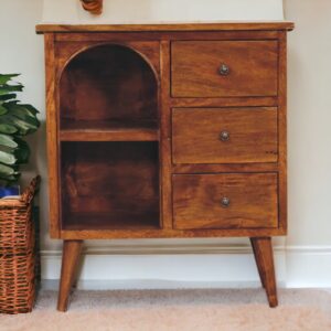 Solid Mango Wood Chestnut Finished Three Drawer Open Shelf Cabinet