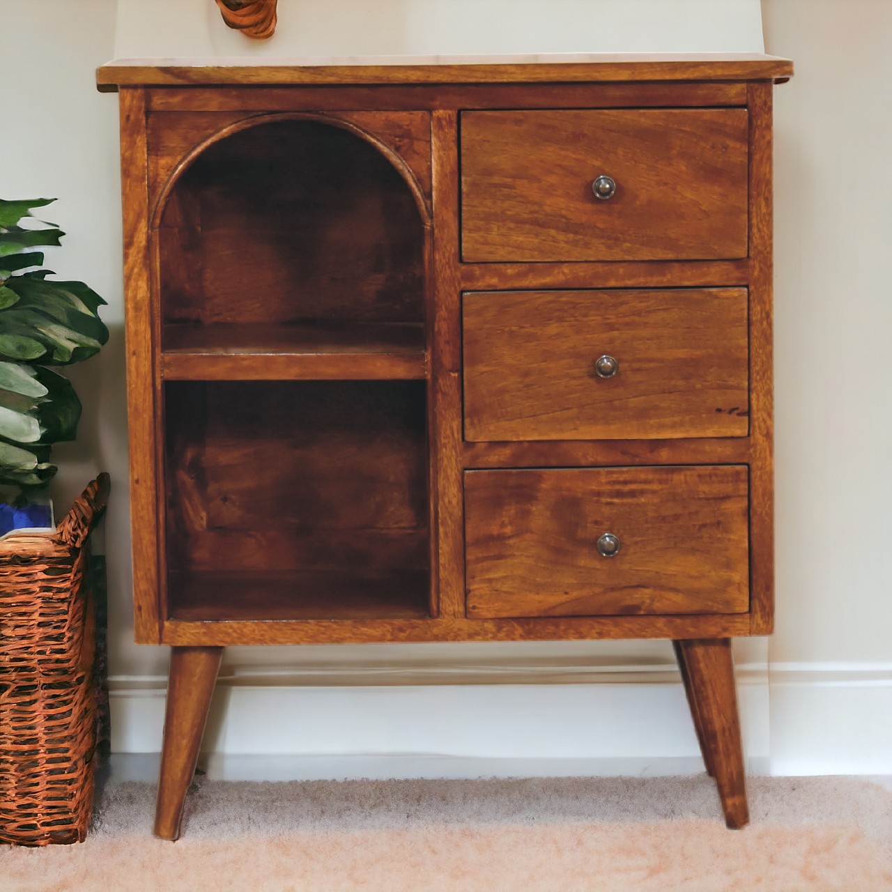 Solid Mango Wood Chestnut Finished Three Drawer Open Shelf Cabinet