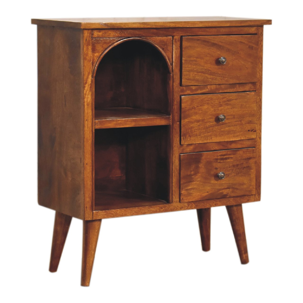 Solid Mango Wood Chestnut Finished Three Drawer Open Shelf Cabinet - Image 2