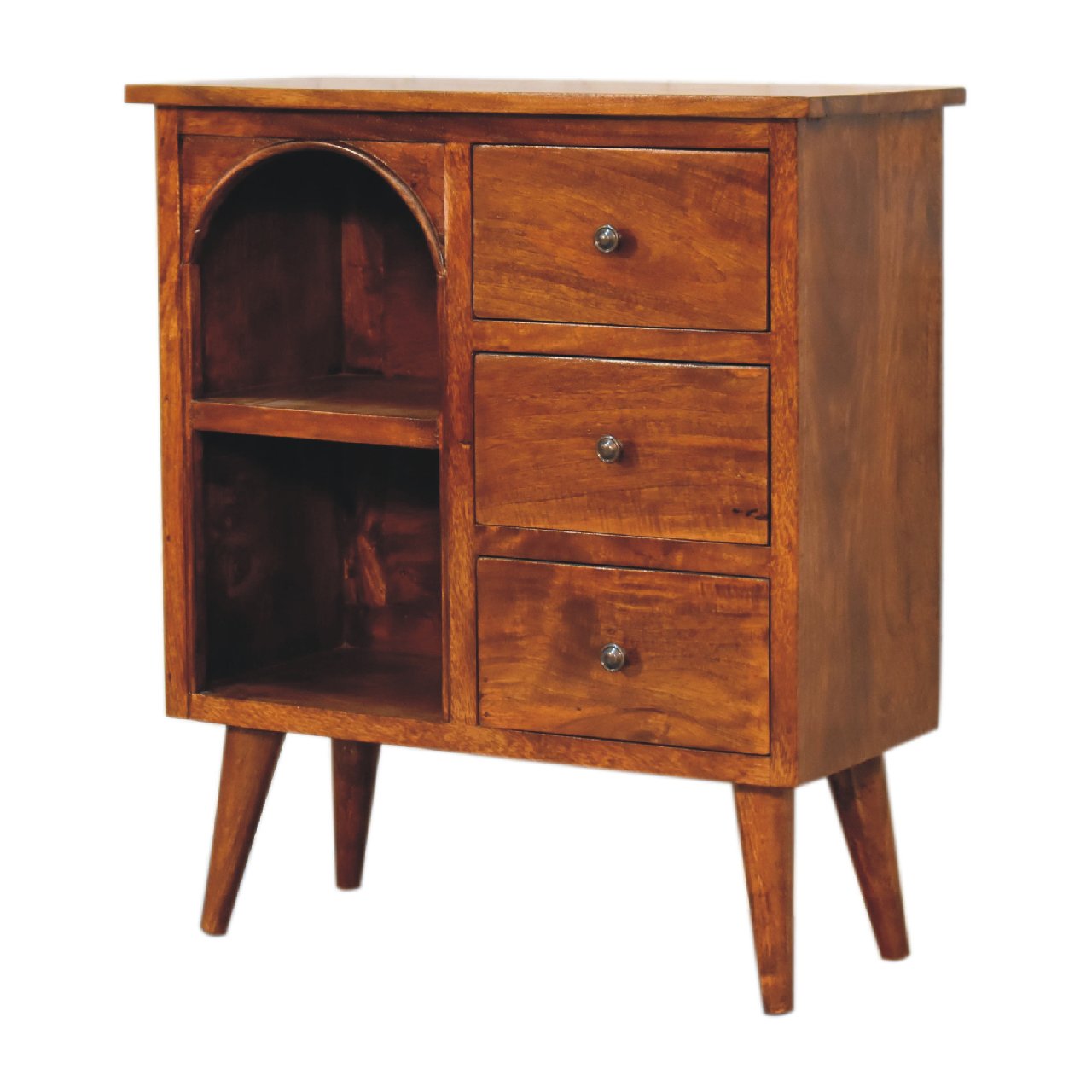 Solid Mango Wood Chestnut Finished Three Drawer Open Shelf Cabinet - Image 3