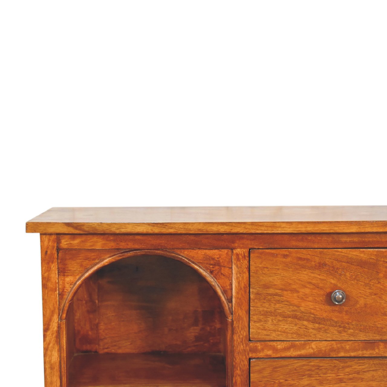 Solid Mango Wood Chestnut Finished Three Drawer Open Shelf Cabinet - Image 4