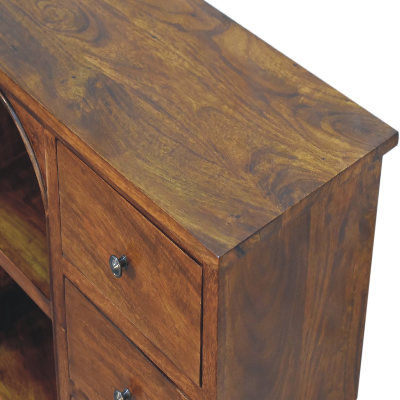 Solid Mango Wood Chestnut Finished Three Drawer Open Shelf Cabinet - Image 5