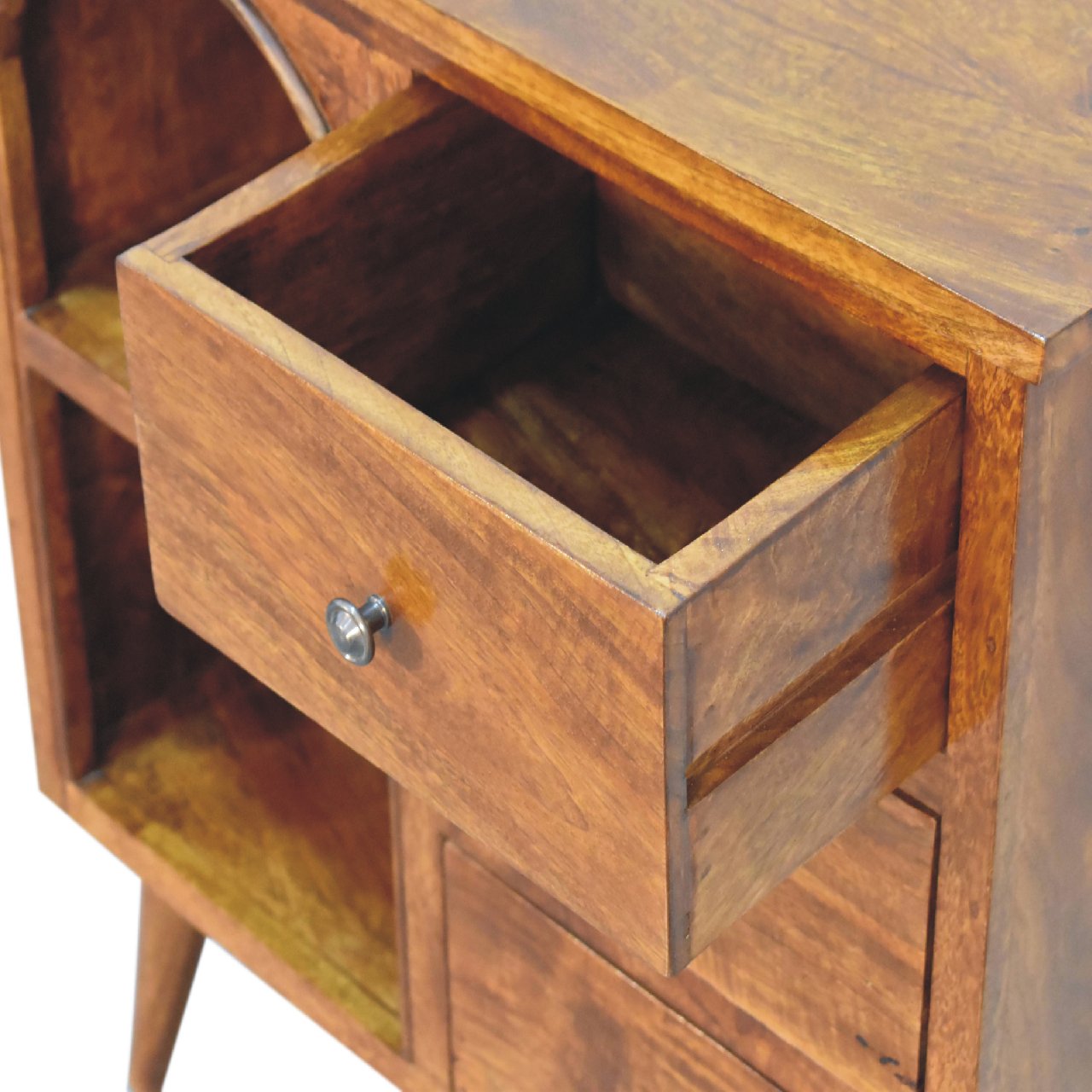 Solid Mango Wood Chestnut Finished Three Drawer Open Shelf Cabinet - Image 6