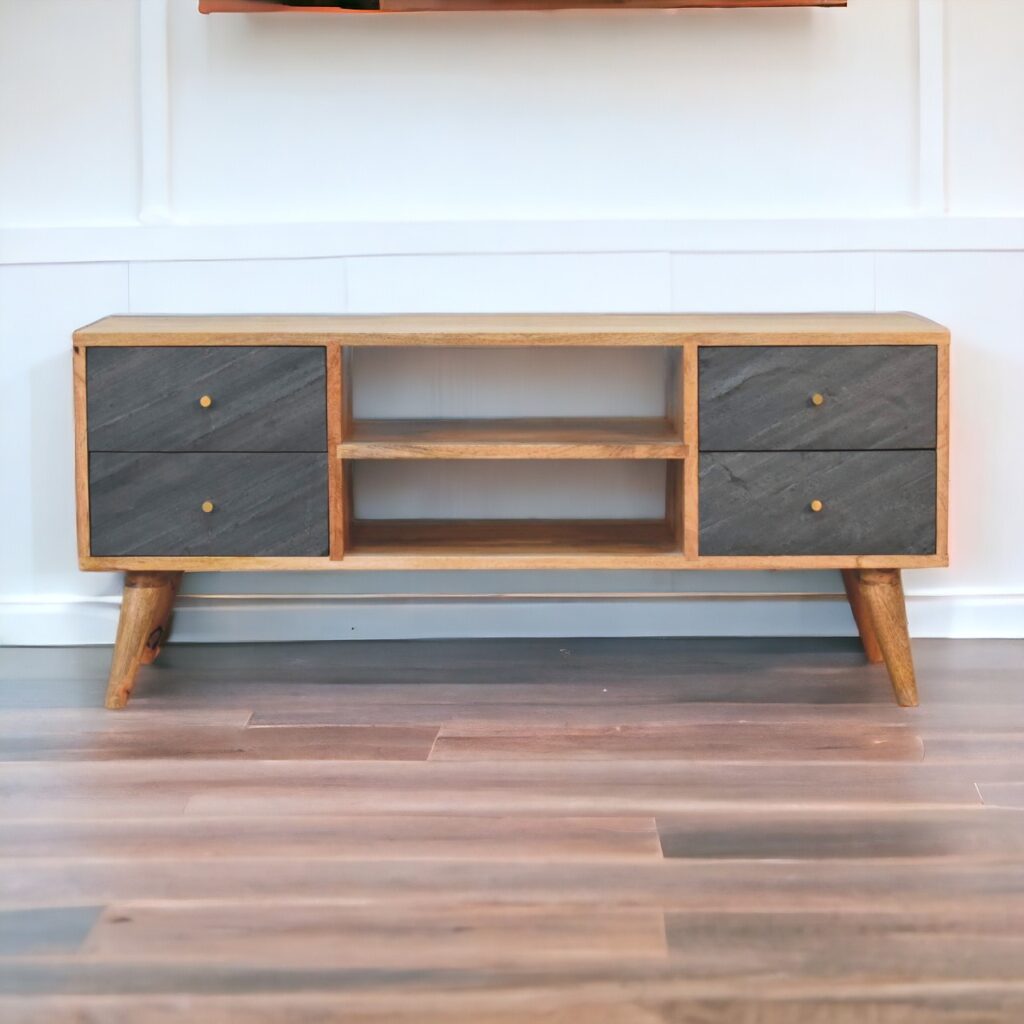 Solid Mango Wood Oak Finished & Slate Veneer 2 Door Slade Media Unit