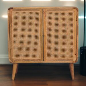 Solid Mango Wood Oak and Rattan Finished Two Door Cabinet