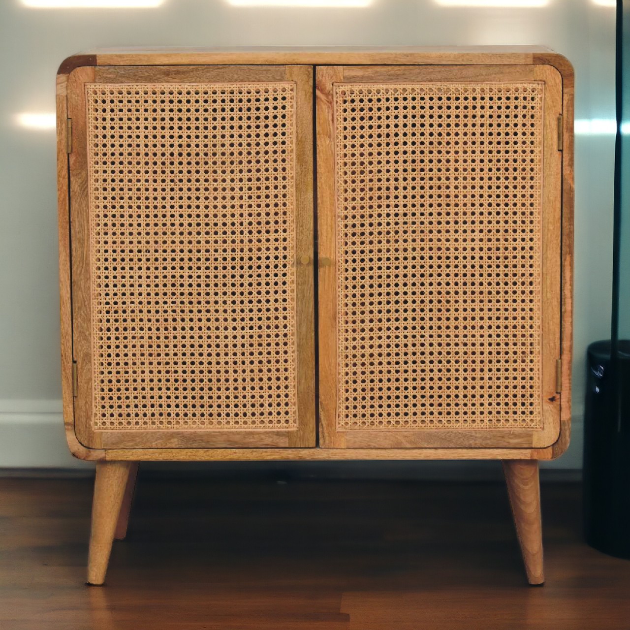 Solid Mango Wood Oak and Rattan Finished Two Door Cabinet