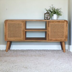 Solid Mango Wood Oak Finished & Rattan 2 Door Larissa Media Unit