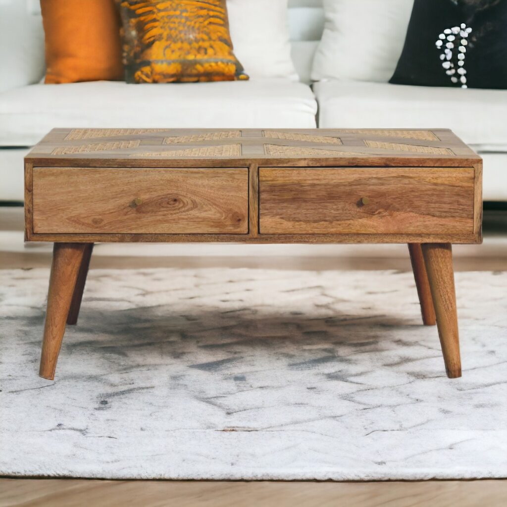 Solid Mango Wood Oak Finished Woven Top 2 Drawer Coffee Table