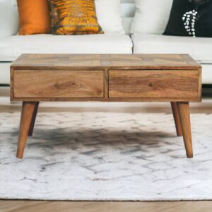Solid Mango Wood Oak Finished Woven Top 2 Drawer Coffee Table