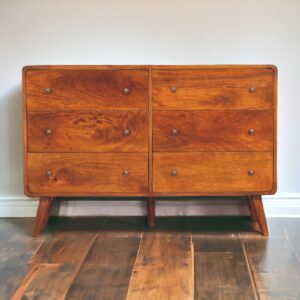 Solid Mango Wood Chestnut Finished Curved 6 Drawer Chest