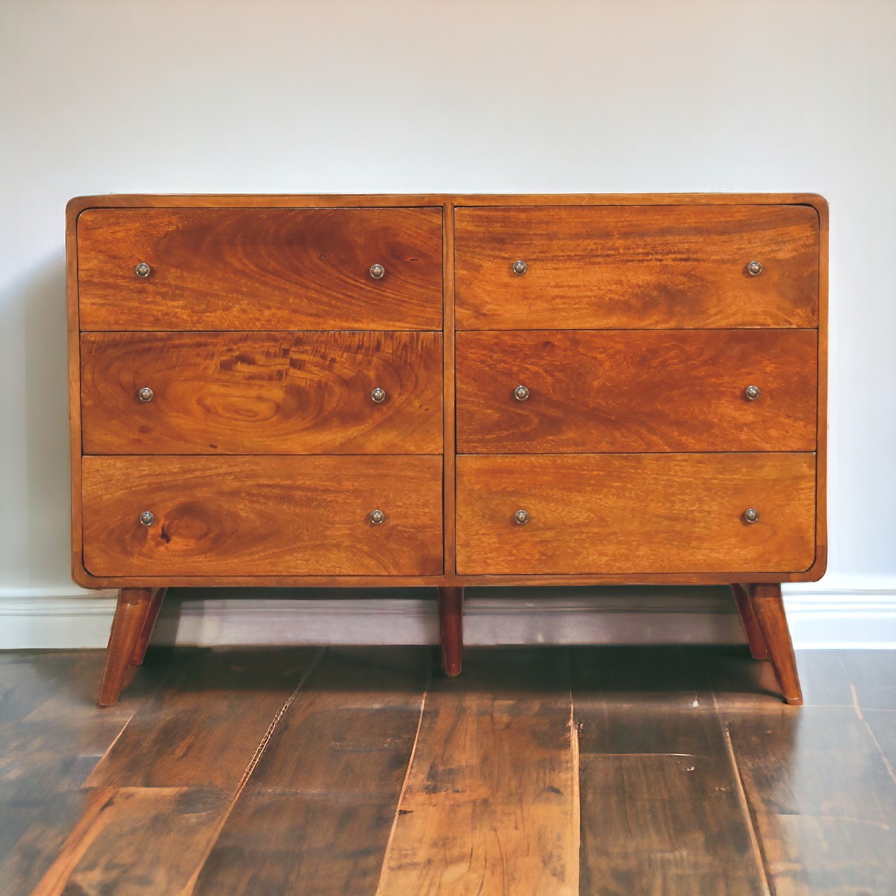 Solid Mango Wood Chestnut Finished Curved 6 Drawer Chest