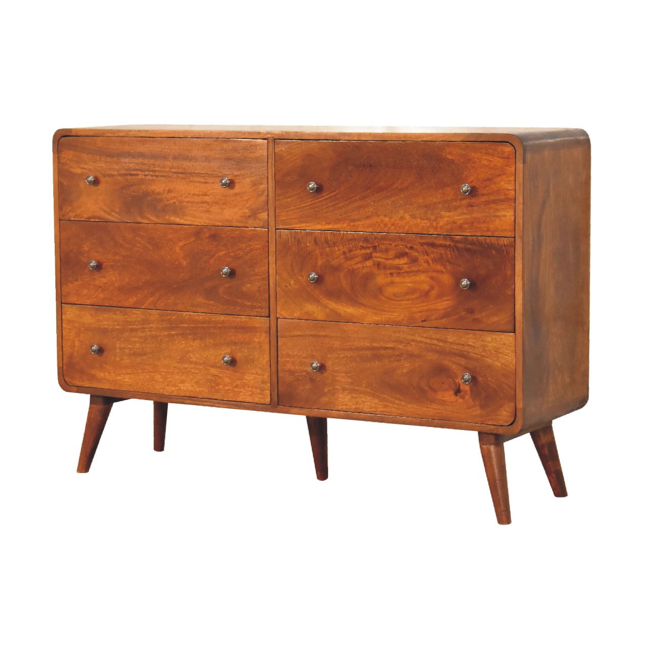 Solid Mango Wood Chestnut Finished Curved 6 Drawer Chest - Image 3