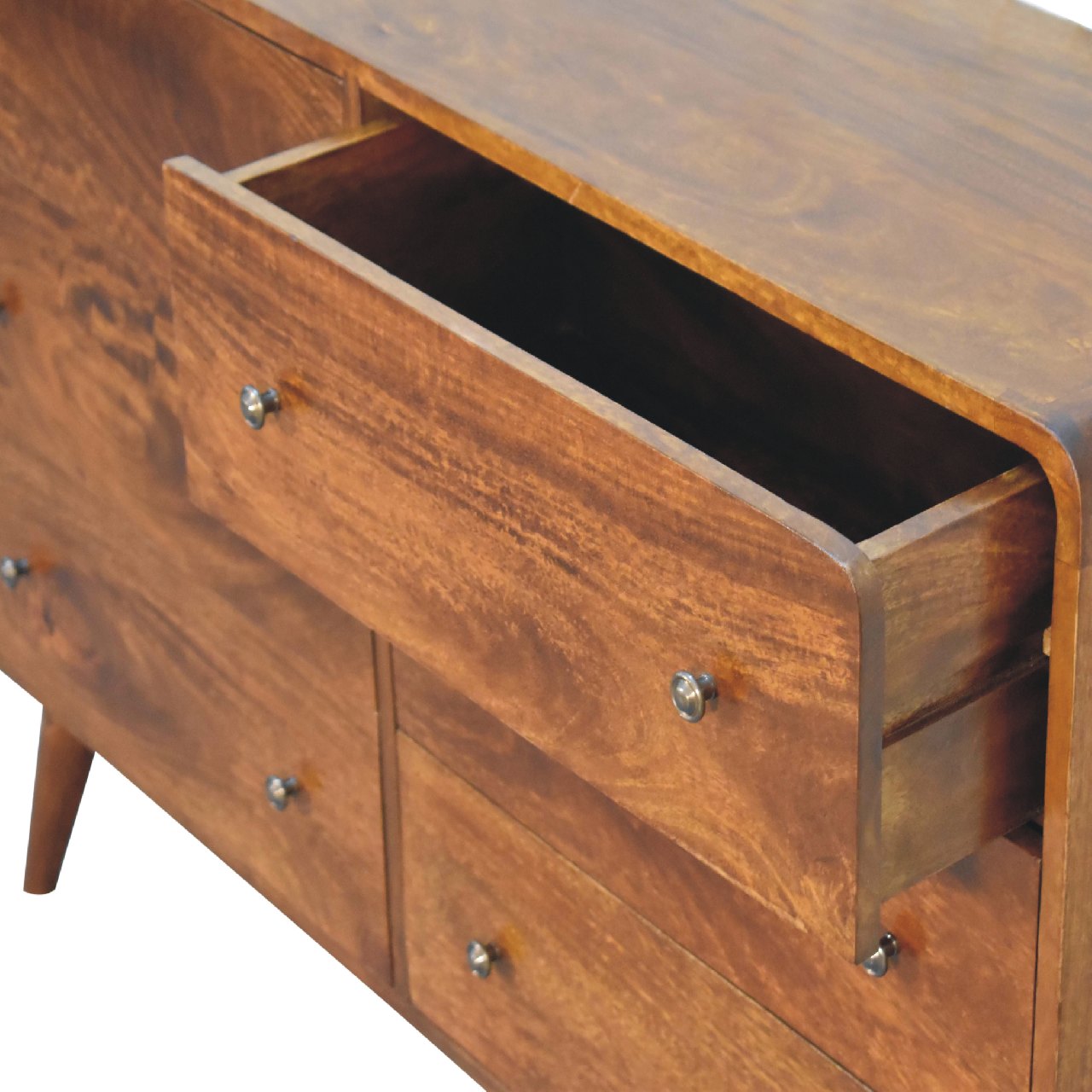 Solid Mango Wood Chestnut Finished Curved 6 Drawer Chest - Image 5