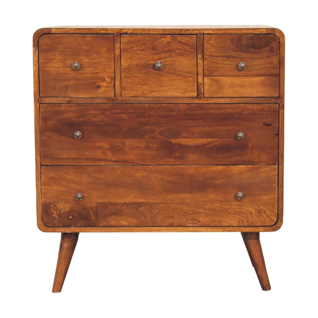 Solid Mango Wood Chestnut Finished Curved 3 over 2 Drawer Chest