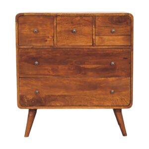 Solid Mango Wood Chestnut Finished Curved 3 over 2 Drawer Chest