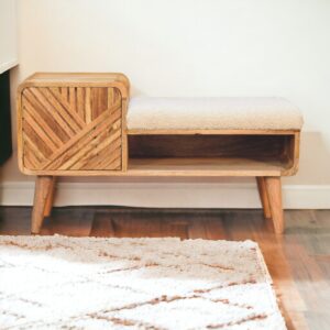 Solid Mango Wood Oak Finished Boucle Upholstered 1 Door Carved Bench